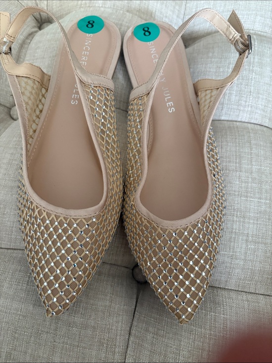 Sincerly Jules Shoes - Sincerly Jules Beige Mesh Slingback Pointed-Toe Flats with Metallic Accents